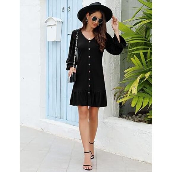 Women's Casual Ruffle Hem Button Down Long Sleeve Swing Mini Dress Size Medium - Picture 4 of 6